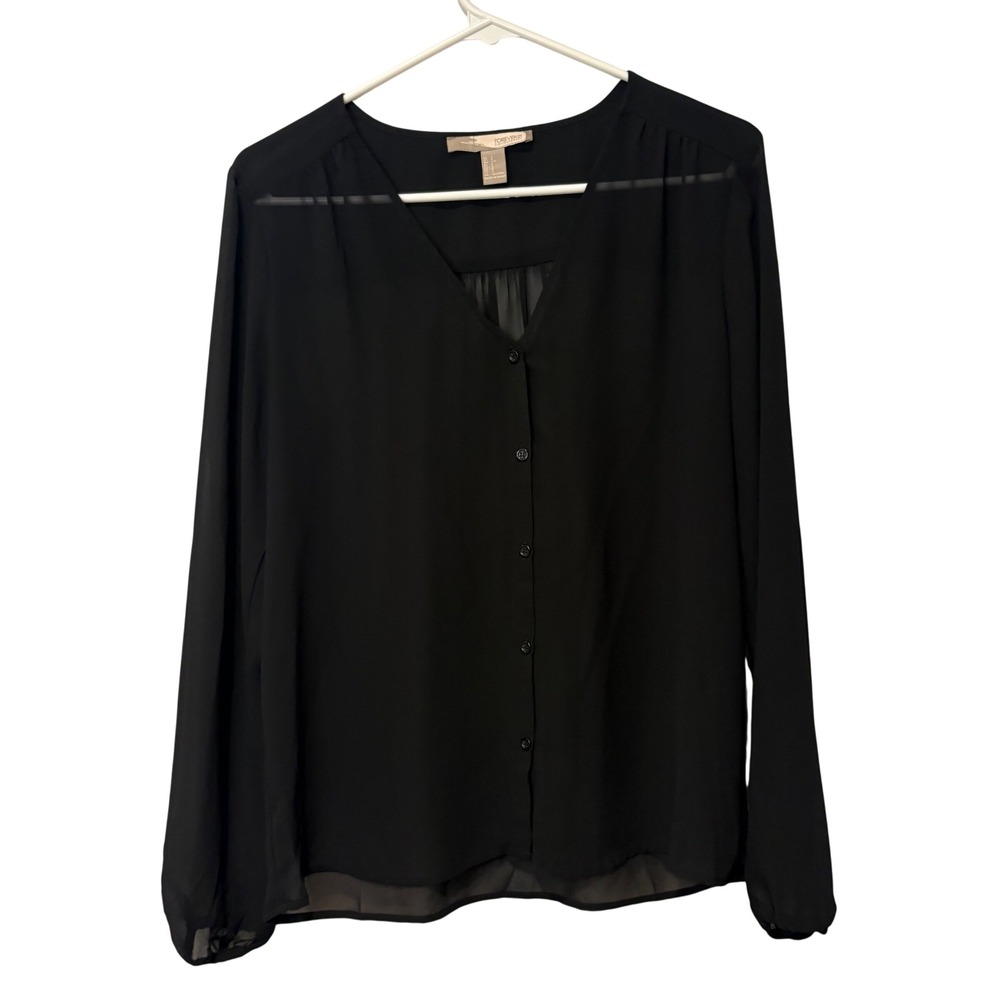 Forever 21 Contemporary Blouse Women S Black Sheer V-Neck Button Up Long Sleeve